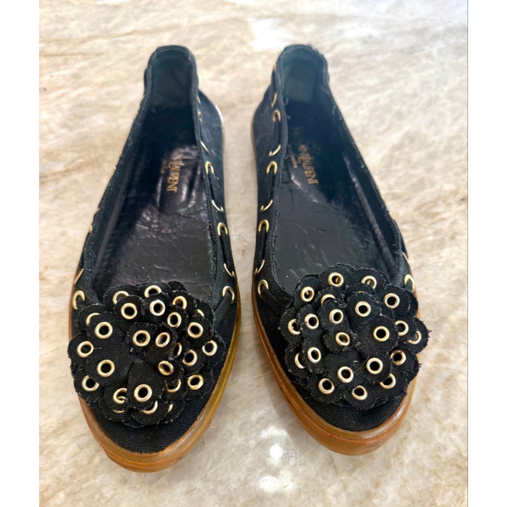 Yves Saint Laurent vintage Black & metallic Eyelet with floral Flats 8.5 - Picture 3 of 9